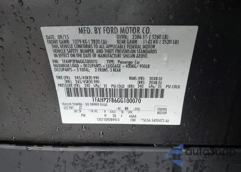 2016 Ford Taurus Limited из США, поврежденный, VIN 1FAHP2F86GG100070